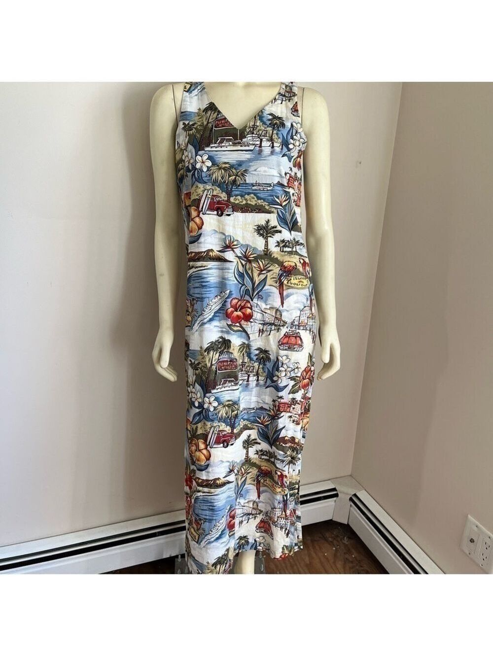 Ohana Classics Women’s Sleeveless V Neck Tropical Surf Print Maxi Dress M